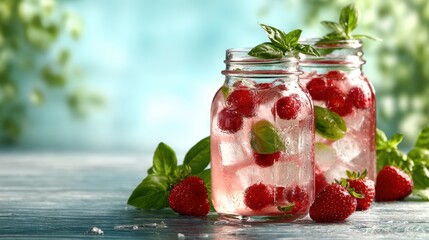 Two jars filled with a vibrant and refreshing drink made of strawberries, basil, and sparkling water, offering a perfect summer vibe and hydration.