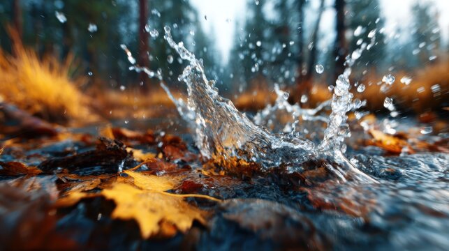 A dramatic splash of water erupts in a forest setting, capturing the moment with vibrant leaves scattered on the ground, embodying energy, nature, and splendor in action.