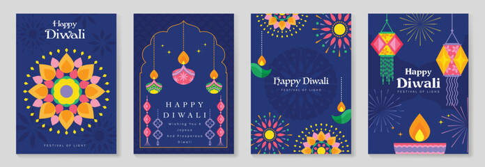 Happy Diwali light festival poster vector set. Diwali festival wallpaper design with colorful lantern, floating lights, firework. Culture Illustration design for celebration, greeting, card, ads. © TWINS DESIGN STUDIO