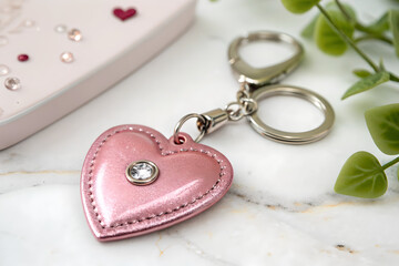 Pink Heart Keychain Jewelry Charm With Gem Accent On Marble Surface