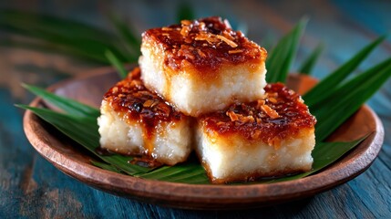 Three perfectly stacked sweet coconut desserts glisten under natural light; their smooth texture and rich topping evoke a sense of indulgence and delightful flavor.