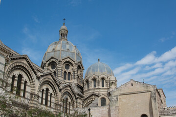 Neo-Byzantine Domes of Marseille Cathedral under Blue Sky