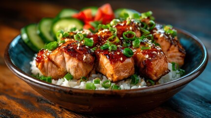An appetizing dish of glazed salmon fillets served on a bed of fluffy rice, garnished with green onions and accompanied by fresh cucumber and tomato slices.