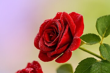 Beautiful Red Rose Flower Close-Up with Dew Drops, Romantic Bloom on Green Stem, Nature Macro Photography for Love, Wedding, and Valentine Designs