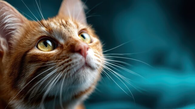 This charming close-up photograph features an adorable ginger cat with bright green eyes, capturing its curious expression against a softly blurred backdrop.