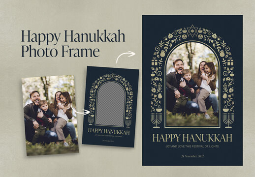 Hanukkah Family Photo Card Template & Holiday Greetings Card Layout with Jewish Frame Border