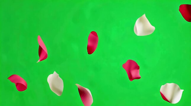 Red rose flower petals flying on green screen background
