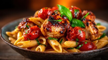 A vibrant plate of pasta adorned with grilled chicken, roasted tomatoes, and fresh basil, showcasing a delightful and appetizing culinary presentation perfect for food photography.