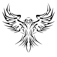 Obraz premium Tribal eagle feathers tattoo design featuring bold symmetrical geometric patterns in monochrome line art style,