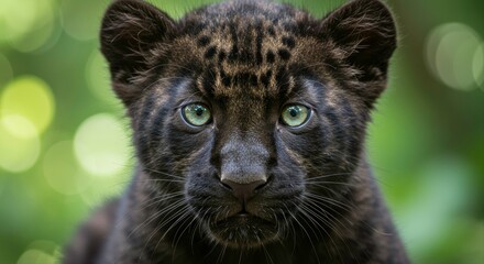 Fototapeta premium Captivating portrait of a young black panther with striking eyes and sleek fur, a symbol of wild