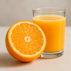 Fresh Orange Half and Glass of Orange Juice on a Light Studio Surface