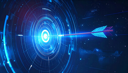 Blue Arrow Hitting Target Center on Digital HUD Background with Sparkles