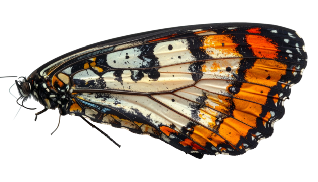 Close-up of a butterfly wing, showing detailed colors and patterns