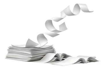 Stack of white paper with spiraling sheet representing workflow and paperwork isolated on black background suggesting office tasks and bureaucratic processes