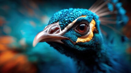 The striking close-up of a peacock highlights its captivating iridescent feathers and vibrant colors, symbolizing beauty and elegance in the natural world.