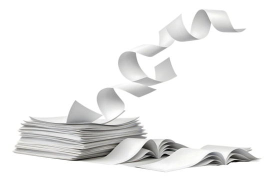 Stack of white paper with spiraling sheet representing workflow and paperwork isolated on black background suggesting office tasks and bureaucratic processes