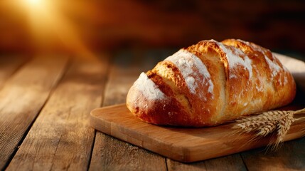 A beautiful artisan bread loaf resting on a wooden cutting board exudes warmth and rustic charm, inviting viewers to savor its rich texture and comforting simplicity.