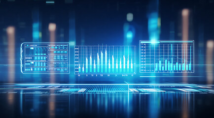 Futuristic holographic data displays showcasing financial charts and analytics in a modern abstract digital environment with glowing blue lights