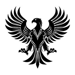 Obraz premium A black and white tribal-style eagle vector illustration with symmetrical wings spread wide,