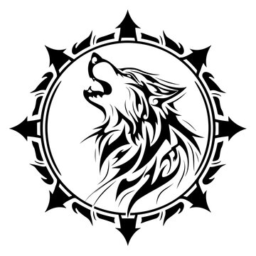 A monochromatic tribal tattoo design featuring a stylized wolf howling within a circular border adorned with sharp angul