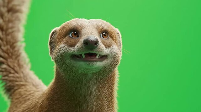 A cute, brown meerkat is standing on a rock and looking alert as