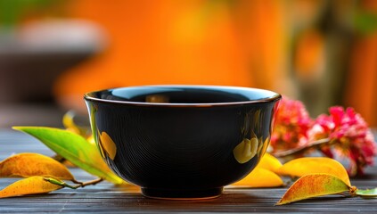 A dark black teacup rests on a wooden surface amidst autumn leaves and blossoms