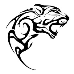 A fierce black and white tribal style vector illustration of a panther with sharp teeth, intricate geometric patterns,