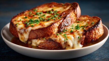 This image showcases two slices of toasted bread topped with generously melted cheese and garnished with fresh herbs, appealing to cheese lovers and food enthusiasts.