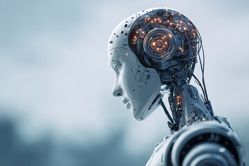 Fototapeta premium Profile of a Contemplative Android with Exposed, Glowing Brain Circuitry and a Serene Expression.