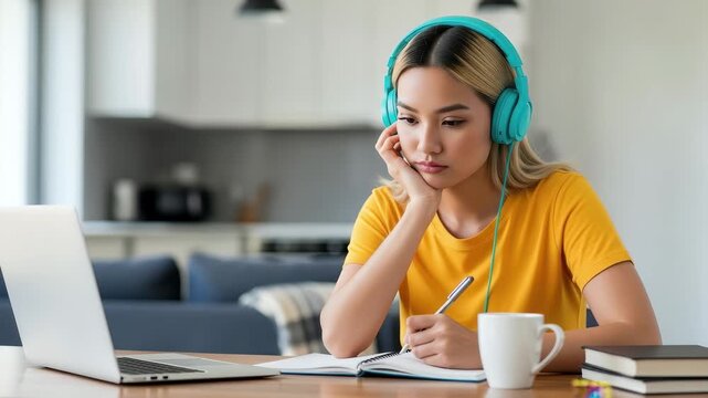 Young woman studying at home with headphones laptop and notebook, 4k video footage