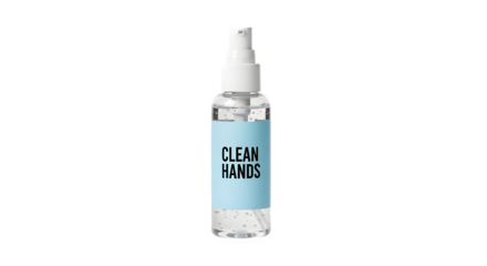 Hand sanitizer bottle with clean hands label isolated on transparent background, an essential hygiene product for disinfecting and protecting against germs and viruses