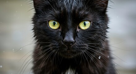 Close-up of a wet black cat with striking green eyes looking directly into the camera