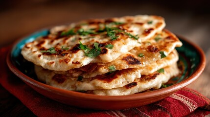 A plate of warm, freshly made bread garnished with vibrant green herbs showcases culinary tradition, inviting enjoyment in both presentation and palatable experience.