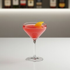 Cosmopolitan cocktail with orange peel garnish in martini glass, vibrant pink-red drink on modern bar background, stylish vodka-based beverage for party or upscale bar design