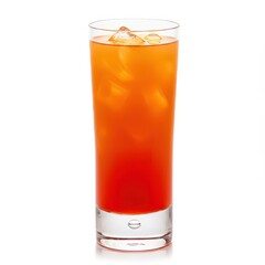 Tall glass of tequila sunrise cocktail with ice, orange and red gradient drink on white background, vibrant summer beverage concept for bar menus, tropical parties, and celebrations