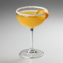 Orange citrus cocktail in coupe glass with sugared rim and orange twist garnish, elegant golden drink for upscale cocktail party, festive bar menu, or celebratory events