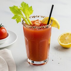 Classic bloody mary cocktail with celery stalk, lemon wedge, black straw, and pepper rim, spicy tomato-based drink served cold, savory brunch beverage or bar menu concept