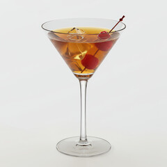 Classic Manhattan cocktail served in martini glass with cocktail cherries and ice cubes, elegant amber drink for sophisticated bar menu, vintage bourbon whiskey cocktail concept