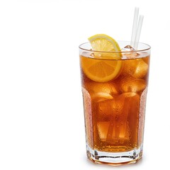Refreshing iced tea in tall glass with lemon slice and ice cubes, condensation on glass surface, summer beverage isolated on white background, cool drink for cafe or restaurant menus