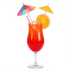 Tequila sunrise cocktail in hurricane glass with orange slice, straws, and colorful paper umbrellas, tropical island vacation drink, summer party or beach bar beverage concept