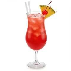 Hurricane cocktail with cherry and pineapple wedge garnish, bright red tropical drink in curved glass, fruity beach beverage for summer parties or exotic bar menus