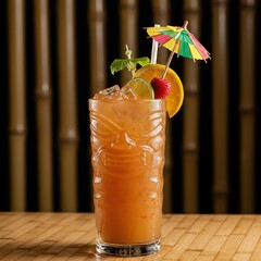 Tropical tiki cocktail in carved tiki glass with fruit garnish and umbrellas, orange exotic drink for beach bar, summer party, or Hawaiian luau celebration design