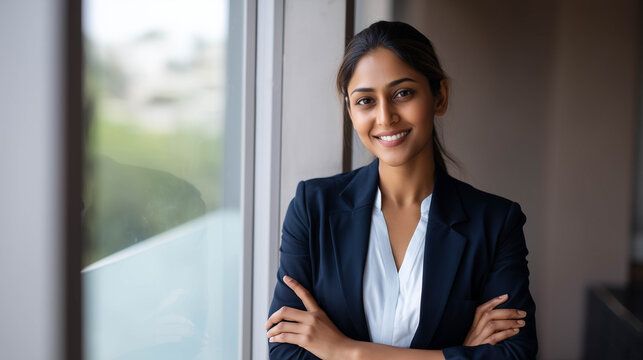 Portrait of a confident Indian businesswoman in a modern office setting, wearing a tailored blazer and smiling with arms crossed.