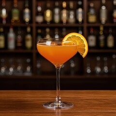 Orange cocktail with citrus slice garnish served in coupe glass, elegant bar drink with vibrant color for summer parties, classic bar menus, or stylish alcoholic beverage promotion