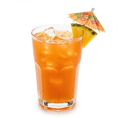 Tropical drink with pineapple wedge and paper umbrella in chilled glass, bright orange fruity beverage for summer beach bars, tiki parties, or vacation-themed menus and marketing