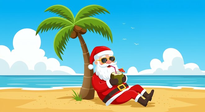 Holiday relaxation illustration santa claus on a tropical beach