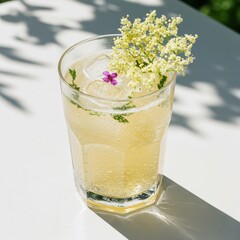 Elderflower cocktail with sparkling bubbles and floral garnish in clear glass, refreshing botanical drink for spring menus, outdoor parties, or garden event branding