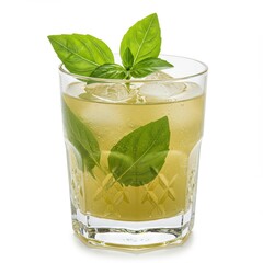 Green basil cocktail with fresh leaves and ice cubes in lowball glass, herbal fizzy drink for gourmet menus, health-conscious bar concepts, or summer mixology content