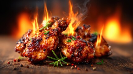 An appetizing display of spicy grilled chicken wings surrounded by flames, emphasizing their smoky flavor and appeal, perfect for food lovers and barbecue enthusiasts.