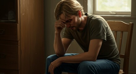 Obraz premium Person seated indoors with head in hands expressing sadness and emotional distress